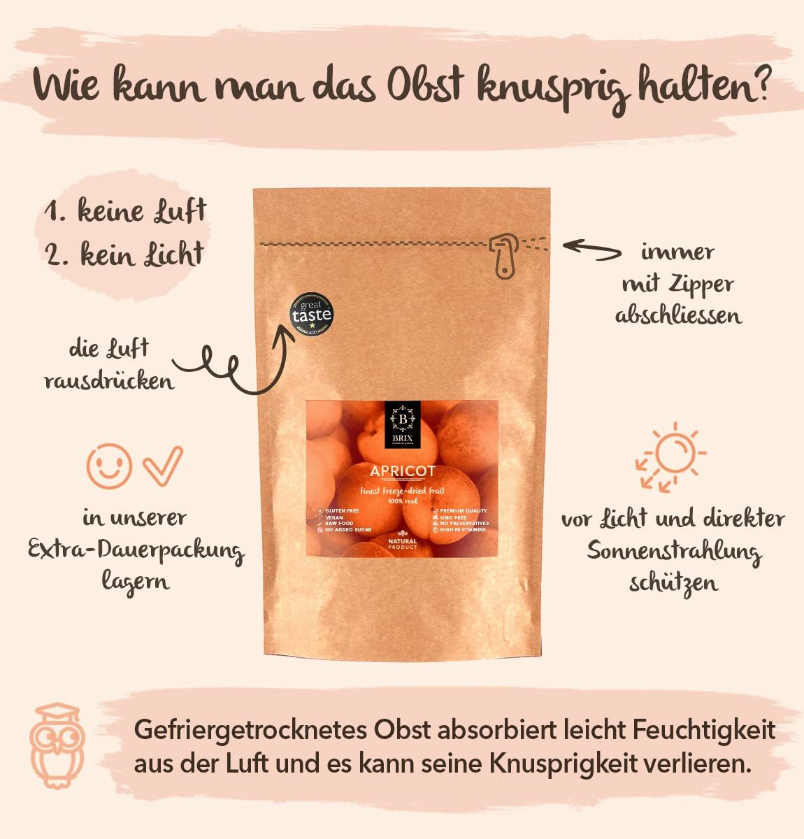 Frystorkade aprikoser BRIX | Naturliga, torkade aprikoser 85 g | Great Taste Award för torkad frukt, torkad | Icke-GMO, glutenfri, vegan, konserverade vitaminer Naty Shop Dehydrerade produkter