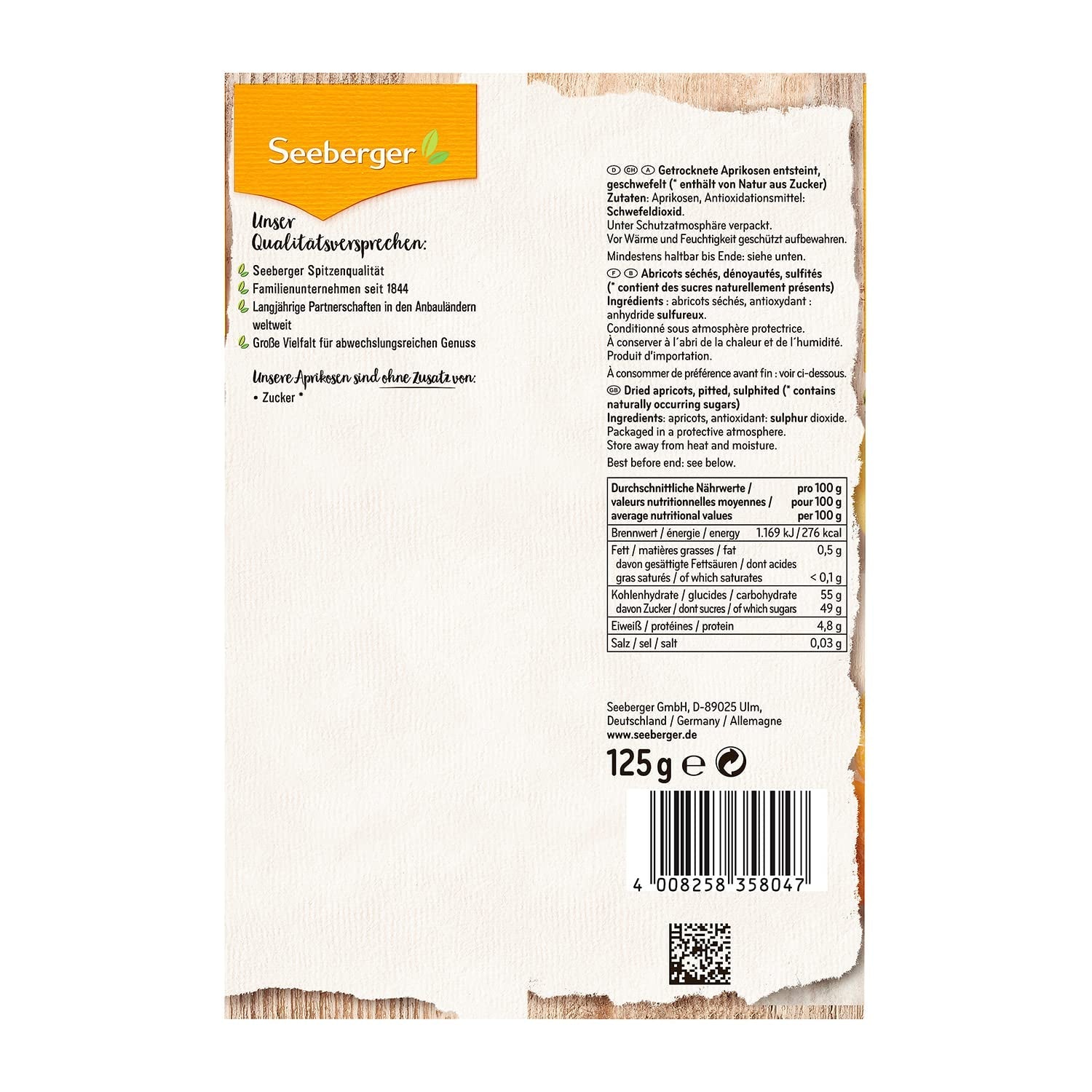 Seeberger Aprikoser: Extra stora, solmogna och ljusa orange aprikoser - söt, fruktig smak - sockerfri - torkad - urkärnad, vegan (1 x 125 g) Naty Shop Dehydrerade produkter