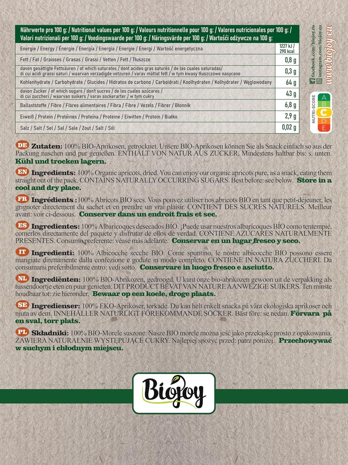 Biojoy torkade aprikoser (500 g), osvavelfria Uttorkade produkter Min butik