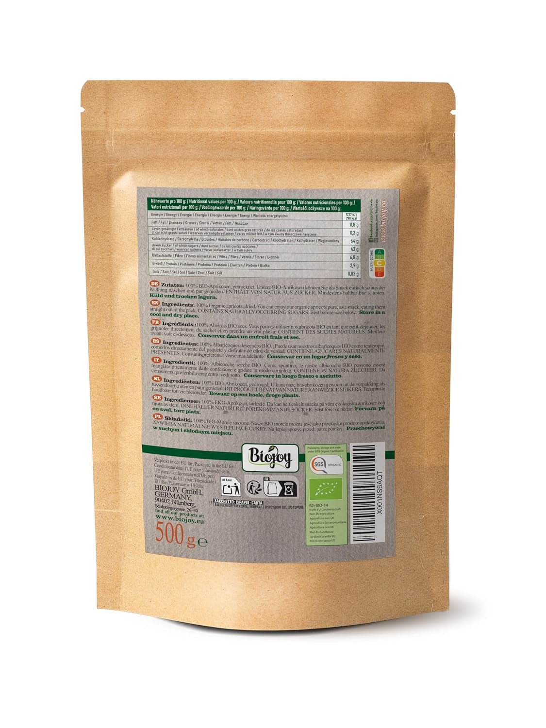 Biojoy torkade aprikoser (500 g), osvavelfria Uttorkade produkter Min butik