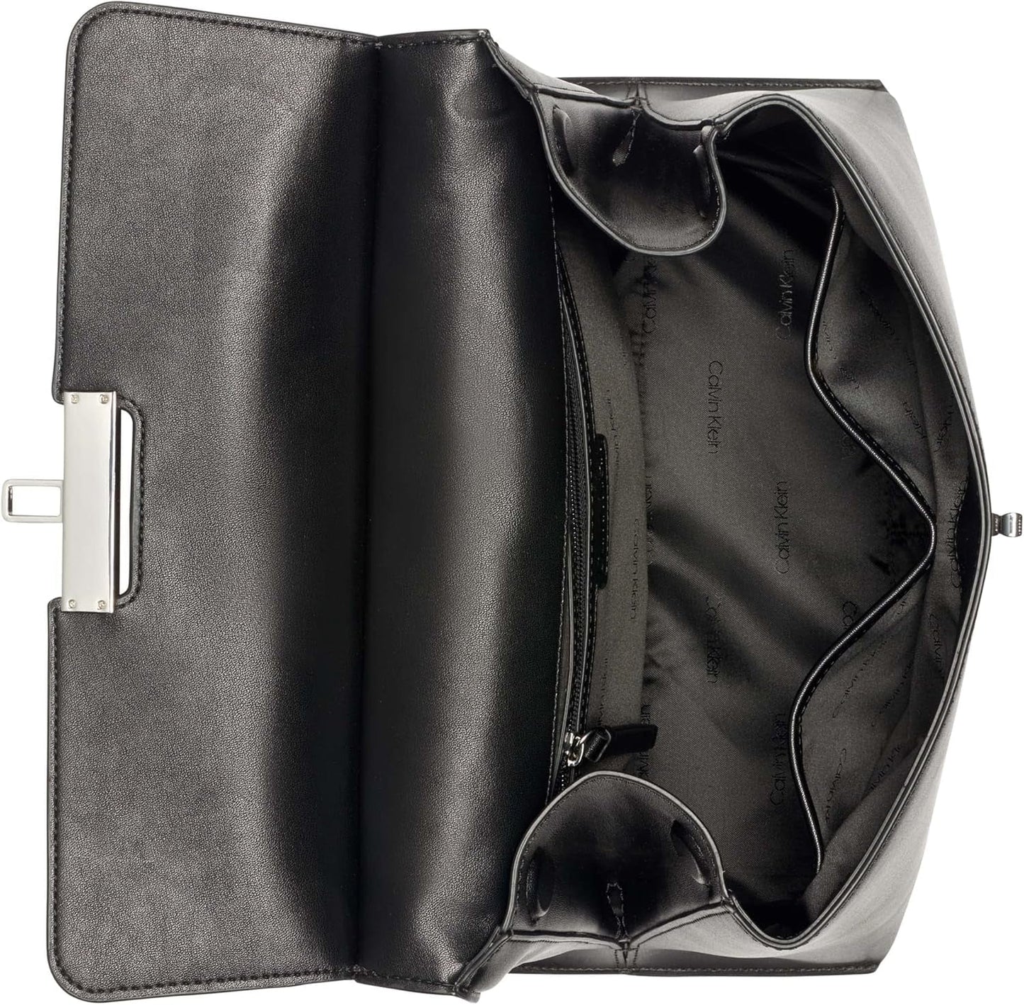 Calvin Klein Ladies Turn Lock Satchel - 2 i 1, Veganskt läder, 3 fickor Becky Turnlock Axelväska, Svart/Silver Damväskor Naty Shop