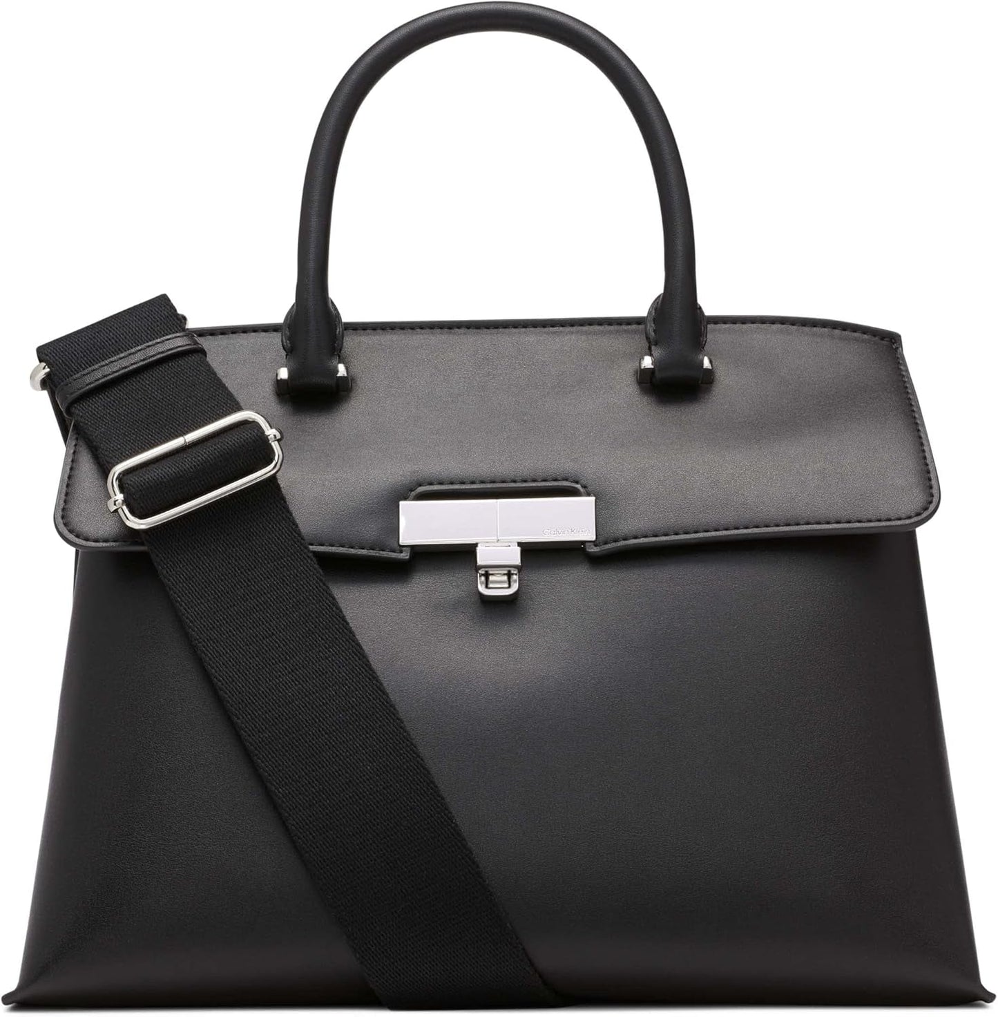 Calvin Klein Ladies Turn Lock Satchel - 2 i 1 Veganskt läder 3-fickor Becky Turnlock Axelväska Svart/Silver Damväskor Naty Shop Standardtitel