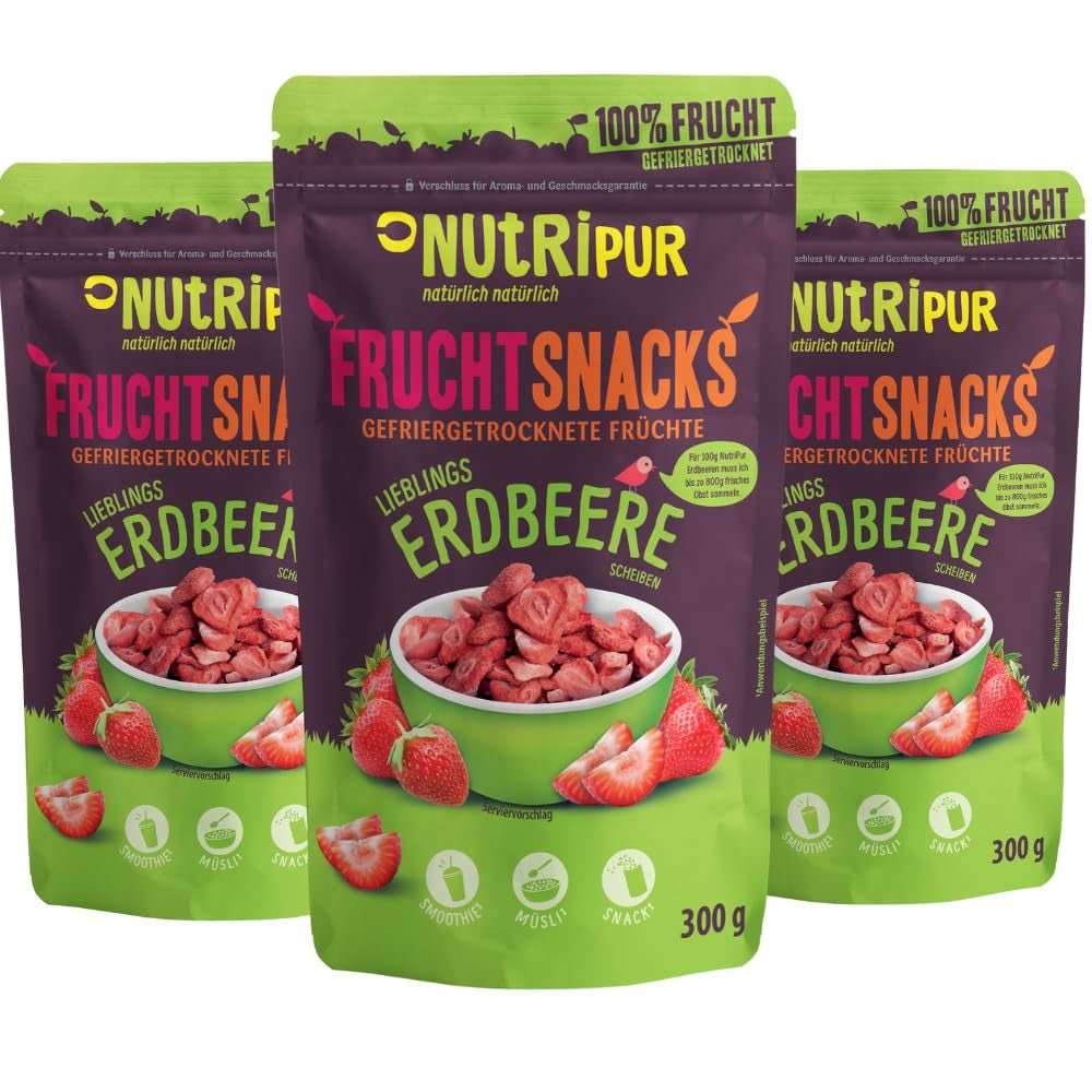 Frystorkade jordgubbar 300 g: osötade torkade jordgubbsskivor - ren frukt Frystorkade jordgubbar fulla av smak: Frystorkade bär - NUTRIPUR torkade frukter Naty Shop torkade produkter 300 g (förpackning med 3) jordgubbar