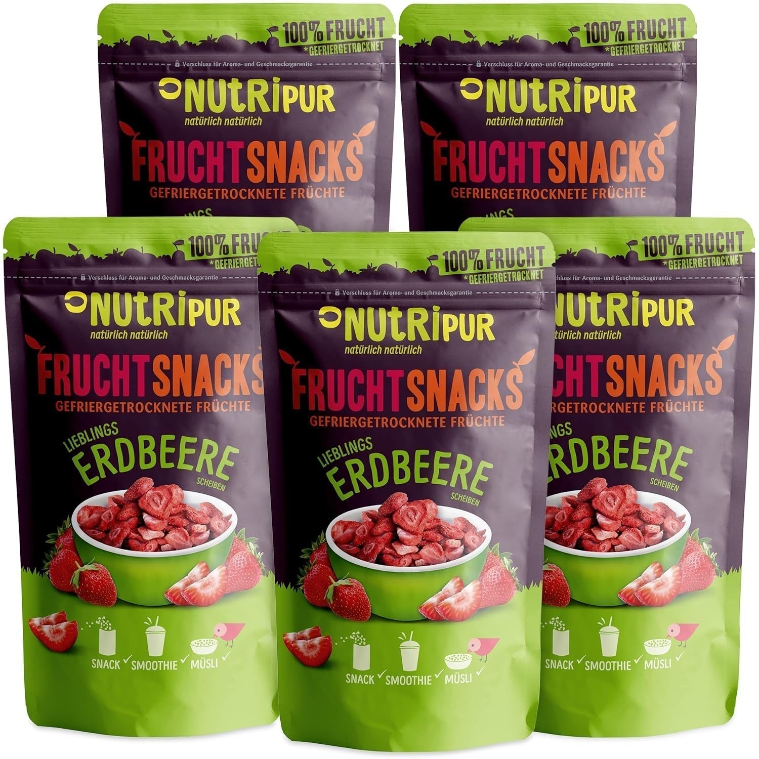Frystorkade jordgubbar 300 g: Osötade torkade jordgubbsskivor - Frystorkade jordgubbar med ren frukt, fulla av smak: Frystorkade bär - NUTRIPUR Torkade frukter Naty Shop torkade produkter 70 G (förpackning med 5) jordgubbar