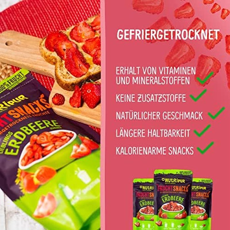 Frystorkade jordgubbar 300g: osötade torkade jordgubbsskivor - Frystorkade jordgubbar med ren frukt, fulla av smak: frystorkade bär - NUTRIPUR torkade frukter Torkade produkter Naty Shop