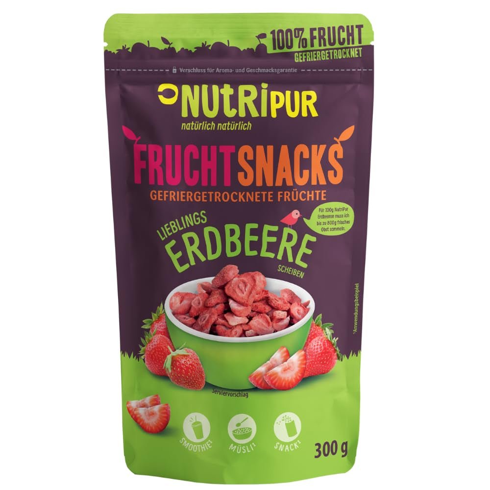 Frystorkade jordgubbar 300g: skivor av torkade osötade jordgubbar - Frystorkade jordgubbar med ren frukt, fulla av smak: frystorkade bär - Torkade frukter NUTRIPUR Dehydrerade produkter Naty Shop 300 G (1 paket) Jordgubbar