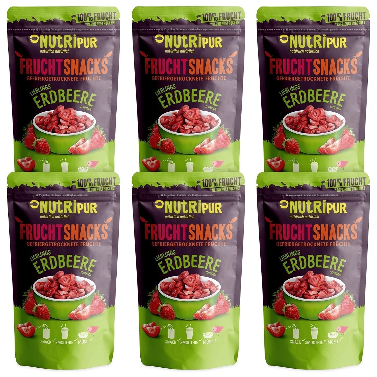 Frystorkade jordgubbar 300 g: Osötade torkade jordgubbsskivor - Frystorkade jordgubbar med ren frukt, fulla av smak: Frystorkade bär - NUTRIPUR Torkade frukter Naty Shop torkade produkter 25G (förpackning med 6) jordgubbar