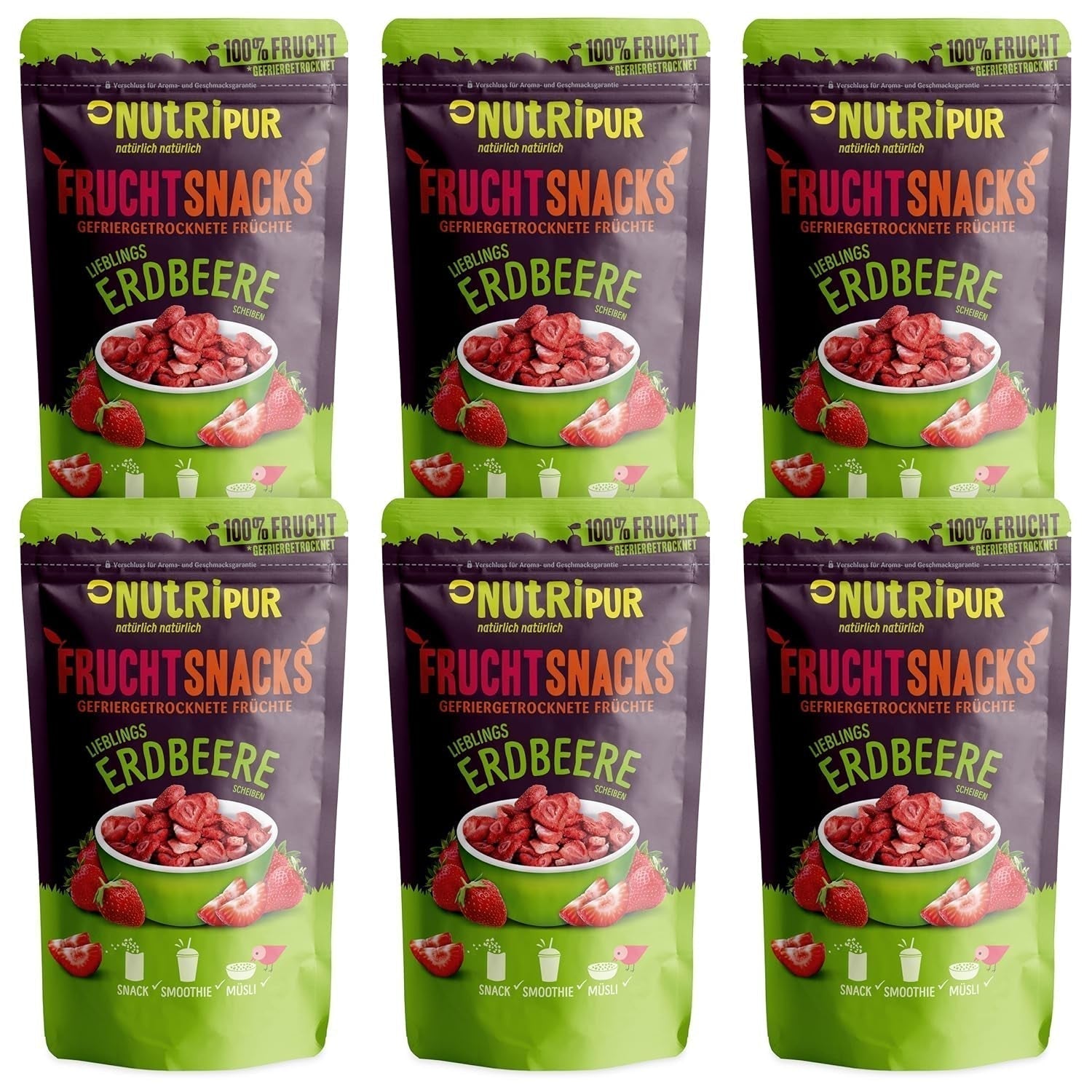 Frystorkade jordgubbar 300 g: Osötade torkade jordgubbsskivor - Frystorkade jordgubbar med ren frukt, fulla av smak: Frystorkade bär - NUTRIPUR Torkade frukter Naty Shop torkade produkter 25G (förpackning med 6) jordgubbar