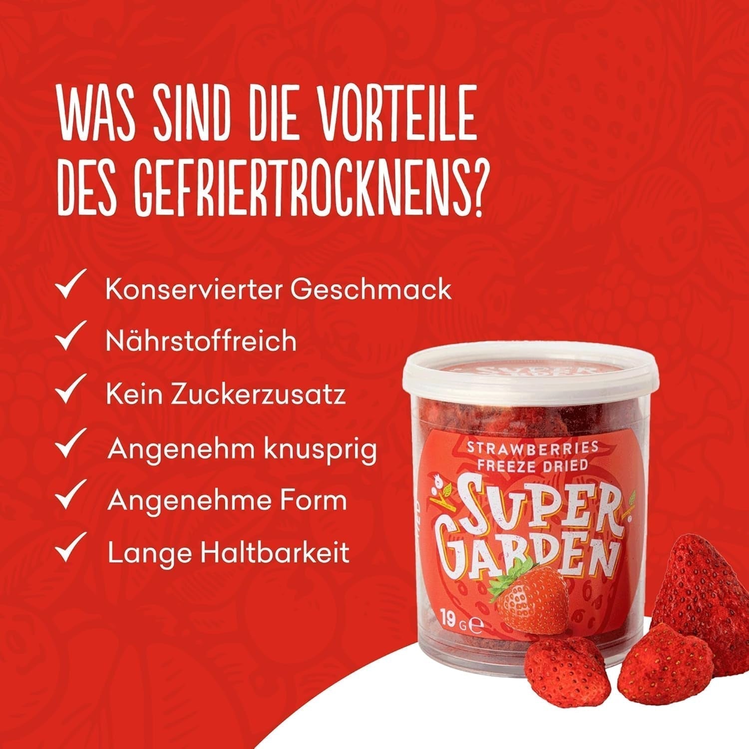 Super Garden Frystorkade Jordgubbar | Läcker och 100 % ren frystorkad frukt | Hela torkade jordgubbar för hälsosamma mellanmål eller bakning | Frystorkade jordgubbar 19g Naty Shop torkade produkter