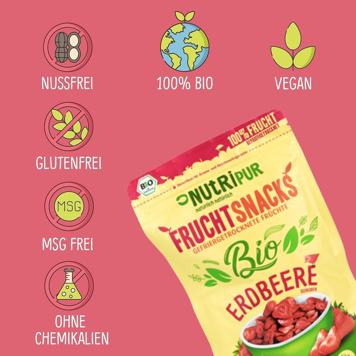 Ekologiska frystorkade jordgubbar: 70g torkade jordgubbar till smoothie bowls, müsli, grötpålägg - frystorkade bär utan tillsatt socker - frystorkade jordgubbar - NutriPur frukter Torkade produkter Naty Shop