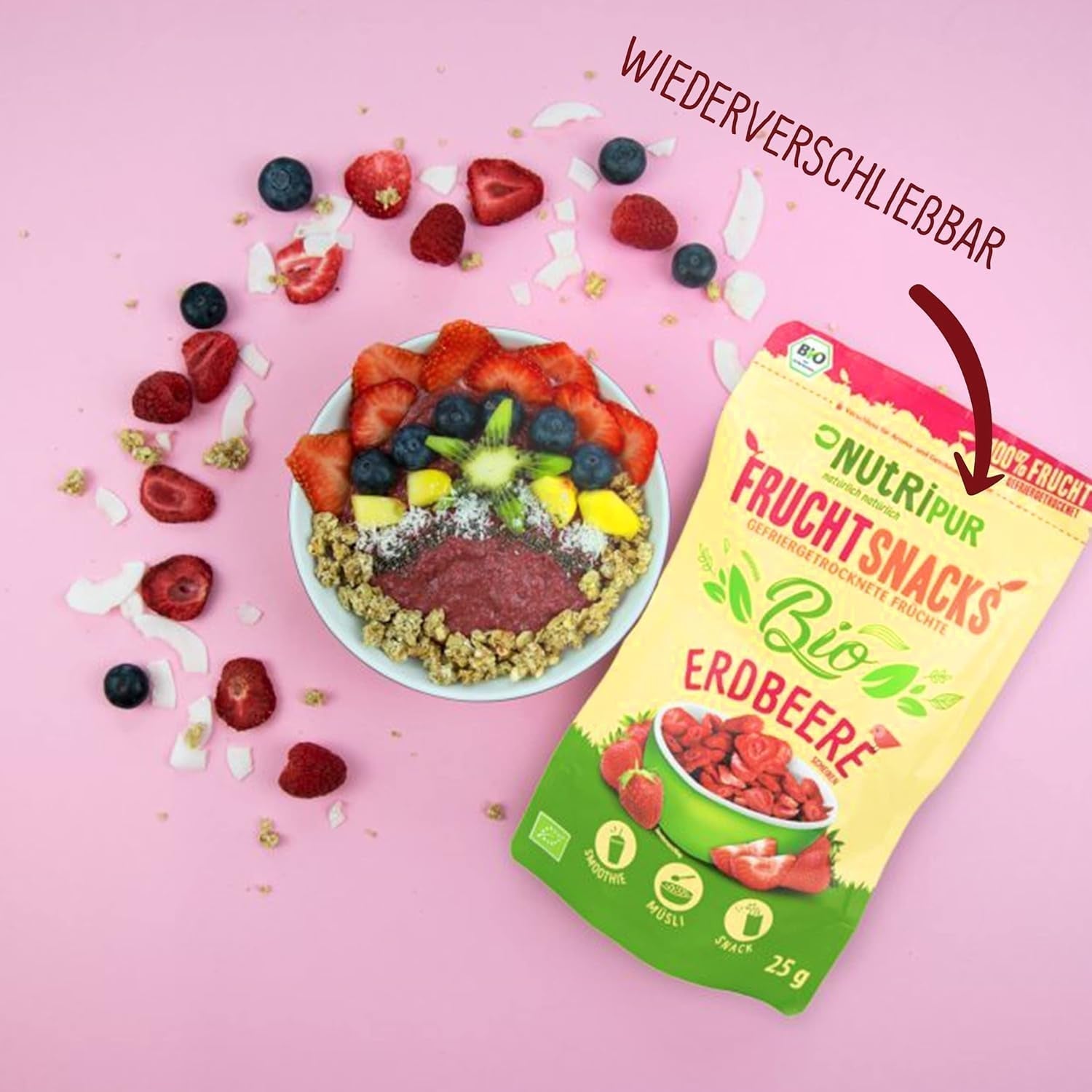 Ekologiska frystorkade jordgubbar: 70g torkade jordgubbar till smoothie bowls, müsli, grötpålägg - frystorkade bär utan tillsatt socker - frystorkade jordgubbar - NutriPur frukter Torkade produkter Naty Shop