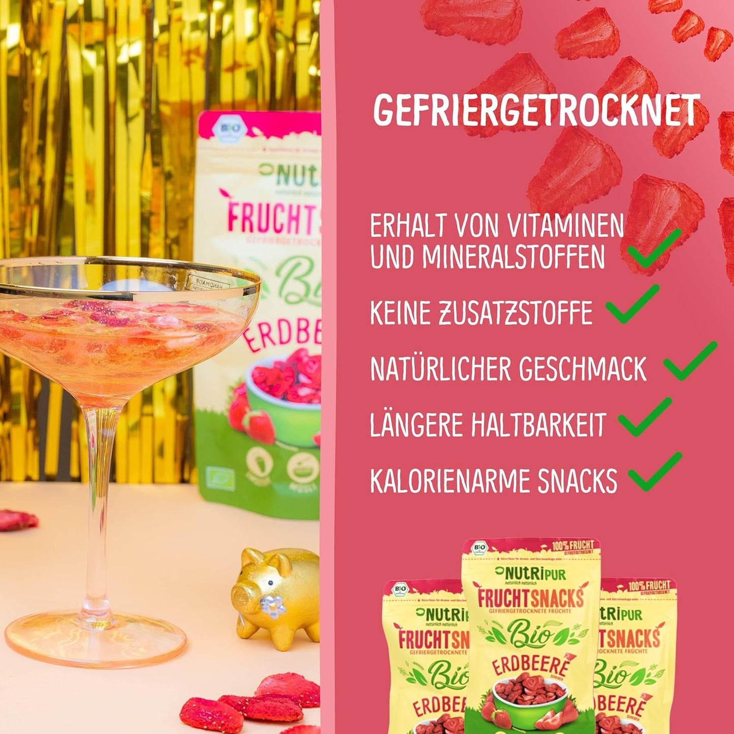 Ekologiska frystorkade jordgubbar: 70g torkade jordgubbar till smoothie bowls, müsli, grötpålägg - frystorkade bär utan tillsatt socker - frystorkade jordgubbar - NutriPur frukter Torkade produkter Naty Shop