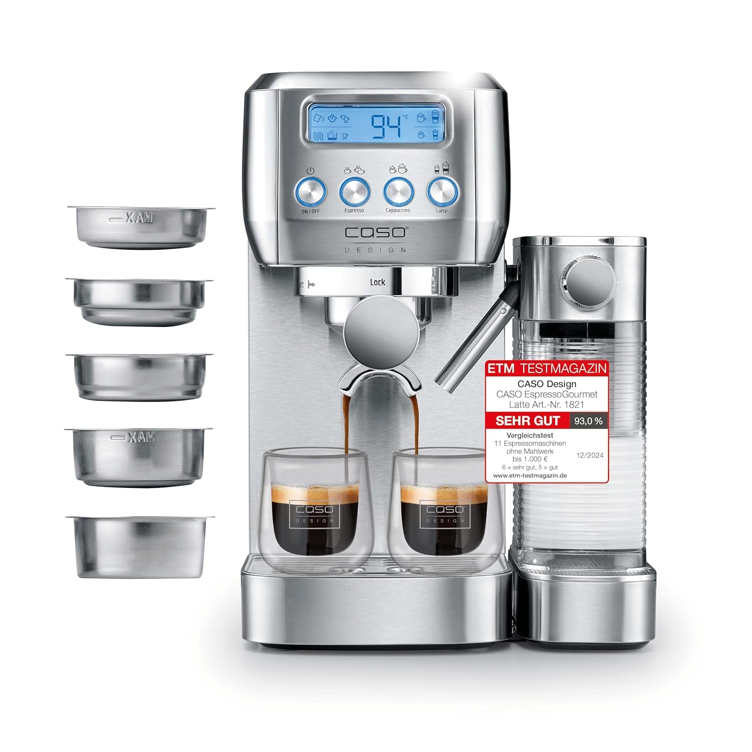 CASO EspressoGourmet Crema - Portafilter espressomaskin med mjölkskummare, espresso, cappuccino, rostfritt stål portafilter, ULKA 20 bar pump, kaffemaskin, malet kaffe, ESE kapslar