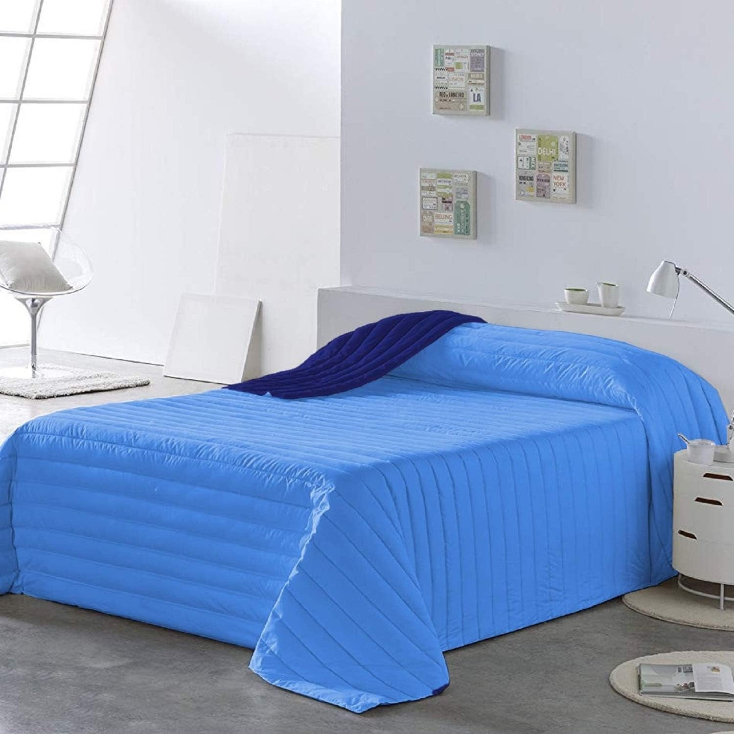 PETTI Artigiani Italiani - Täcke för enkelsäng, dubbelsidigt täcke, vårtäcke, midnattsblått, vitt, 100% Made in Italy Täcken och täcken Naty Shop Blue Sängstorlek 140 (240X260 Cm)