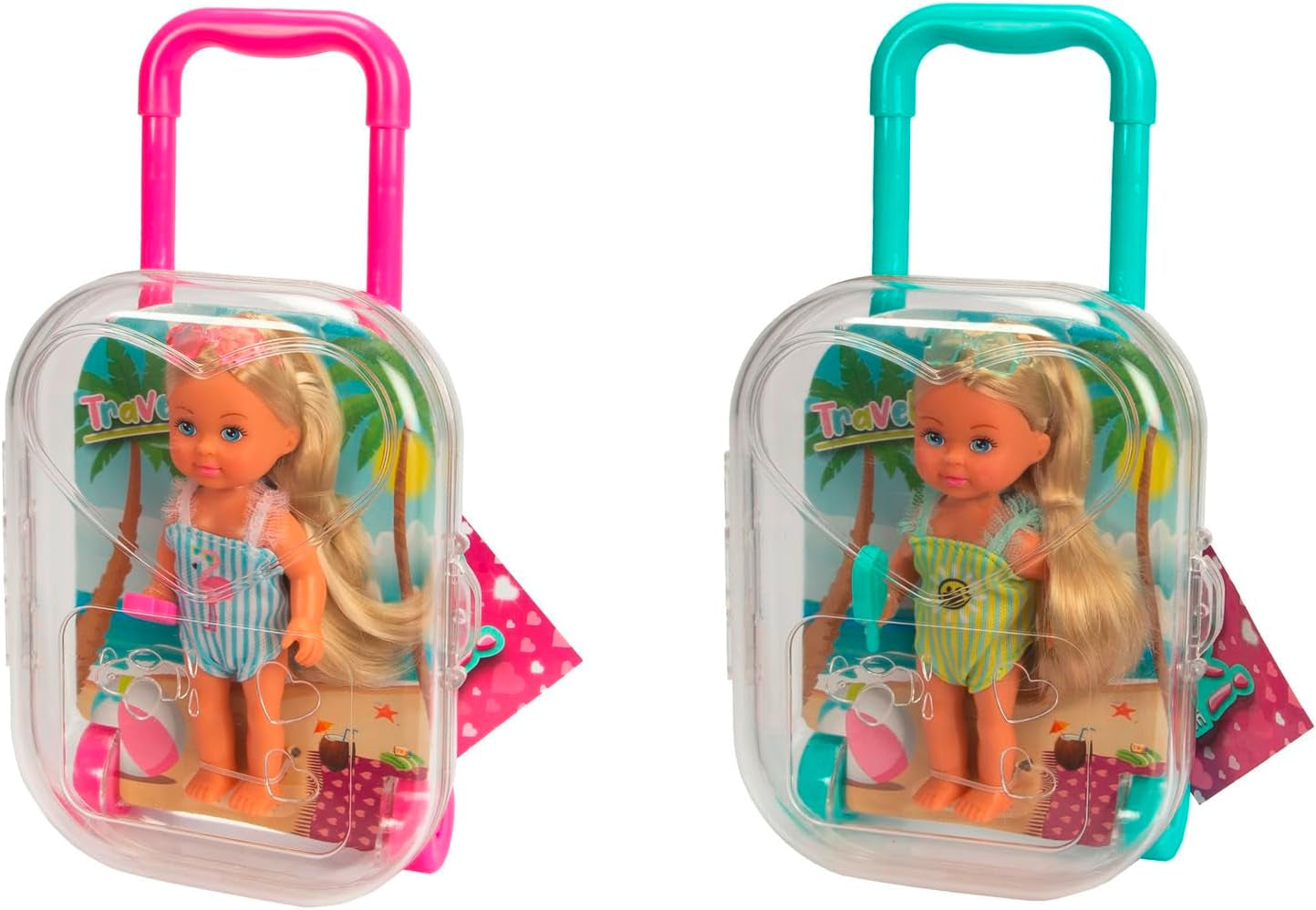 Simba Evi Love Travel, 2 olika modeller, endast EN artikel kommer att levereras, docka i en resväska med hjul, bär en volangbaddräkt, inkluderar solglasögon och glass, 12 cm, åldrar 3+