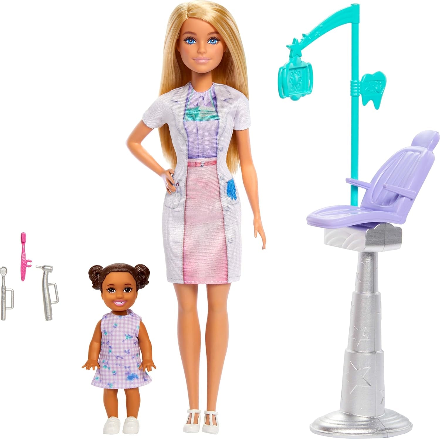 Barbie-tandläkardocka, modedocka med blont hår, blå klänning och labbrock, 1 barndocka, examenstillbehör och diverse tillbehör, JCR74