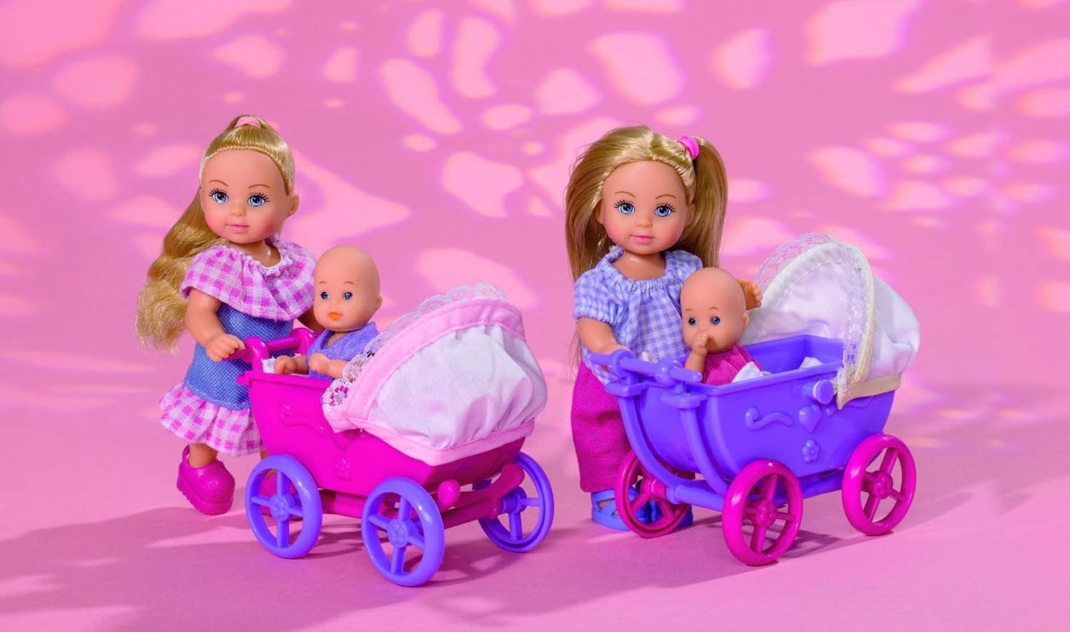 Simba 105736241 Evi Love Walk Doll 2 Diverse Evi Doll med Baby Doll med Dockvagn Inklusive tillbehör Modedocka 12cm för barn 3+