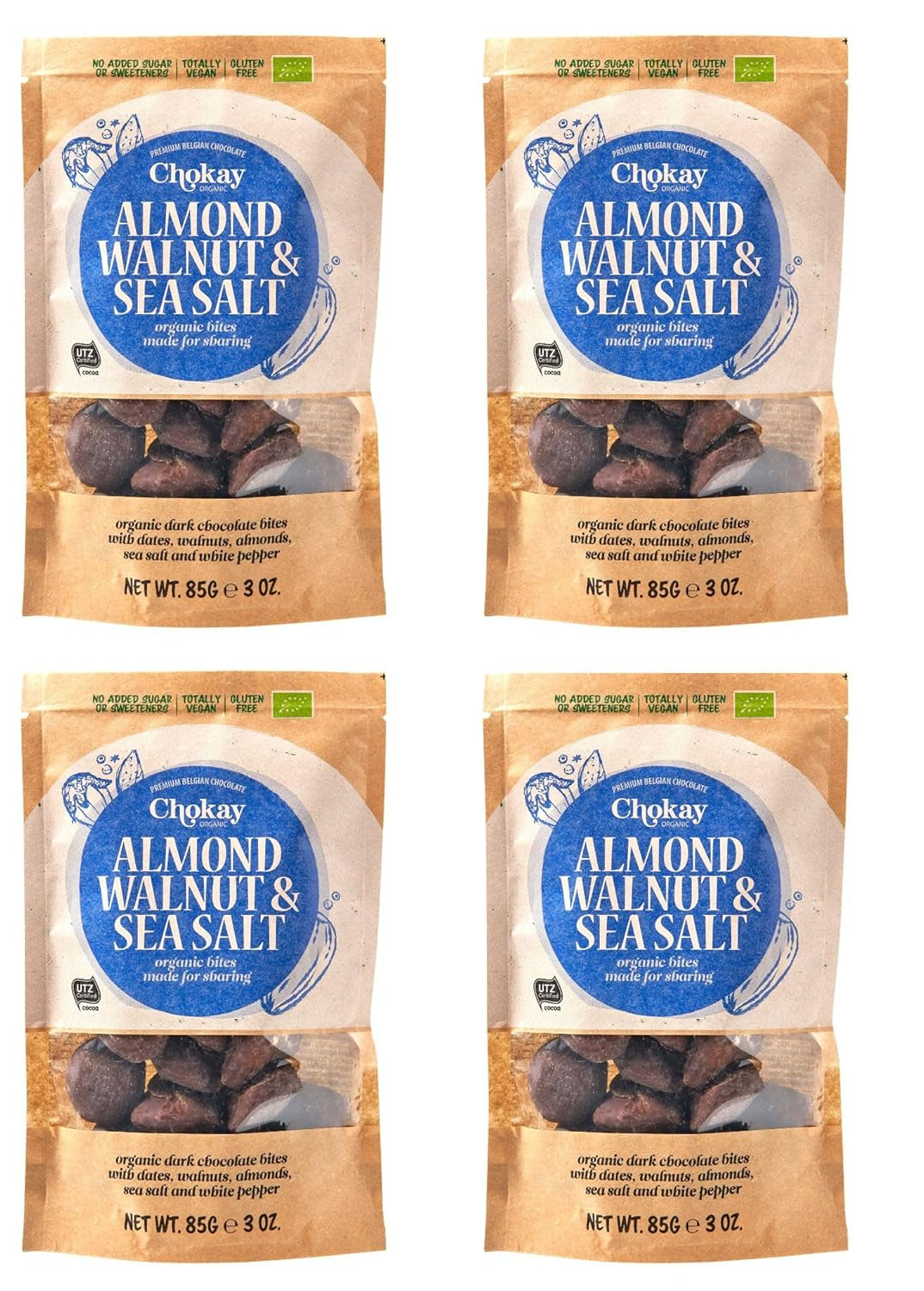 Set med 4 ekologiska bites - kanelmandlar/kanelmandlar i belgisk mörk choklad/utan tillsatt socker, inga sötningsmedel/VEGAN & FAIR TRADE / 4 x 85g