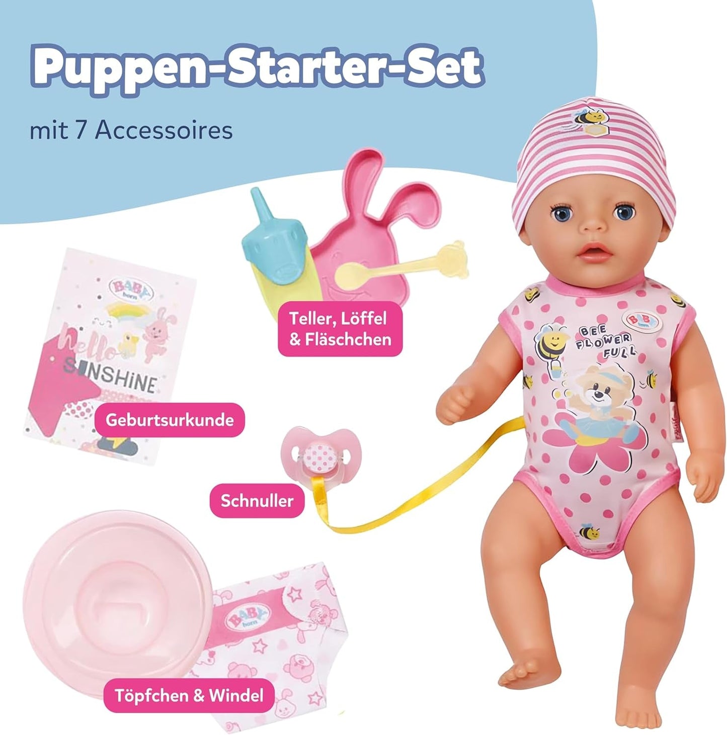 BABY Born Lena (Girl) - babydocka 36 cm - 7 funktioner inklusive tillbehör och madrass - Fungerar helt utan batterier - Passar små barn från 1 år