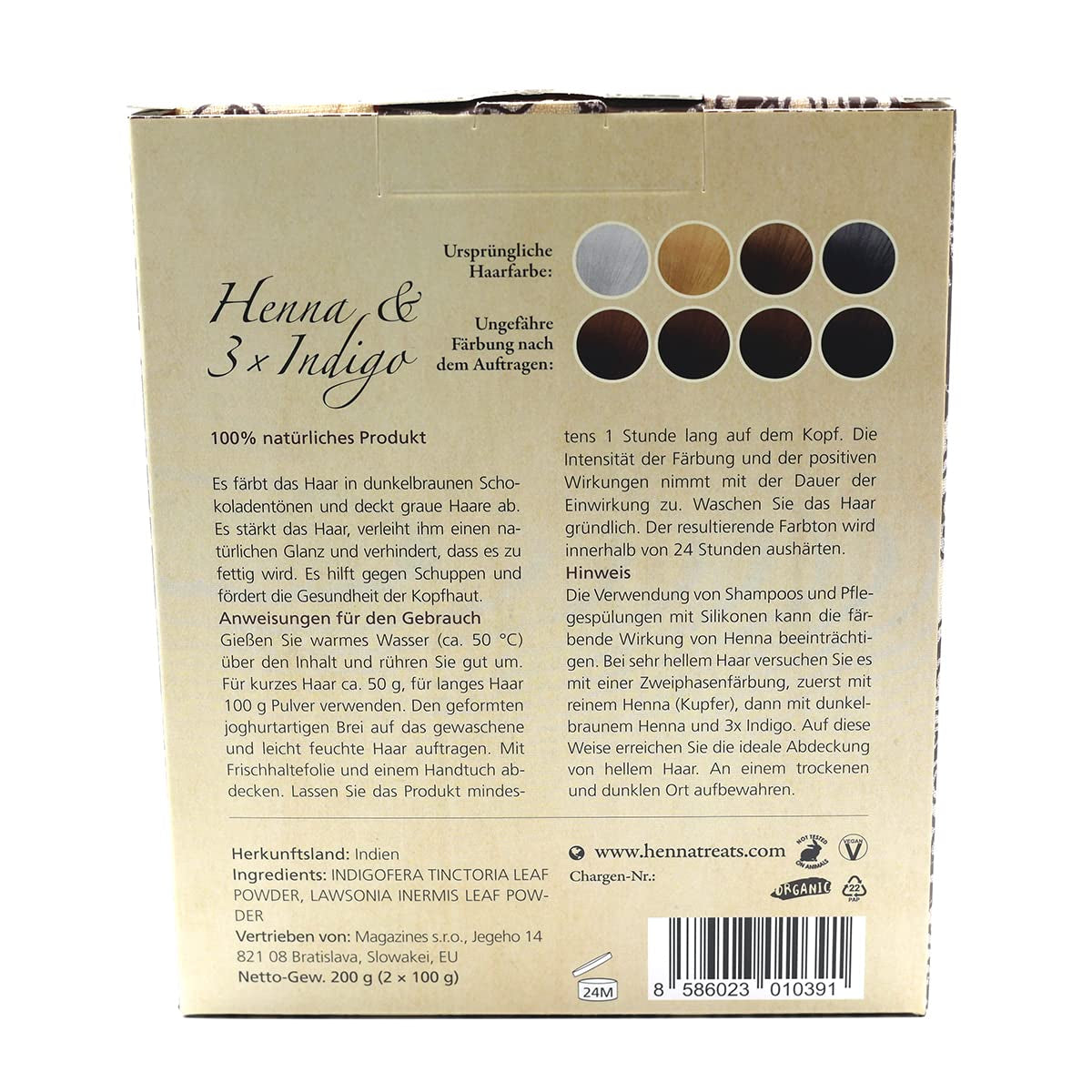 Henna & 3×Indigo - Mörk kastanj - Naturlig hårfärg - Pulver - 200g Hårfärgning Naty Shop