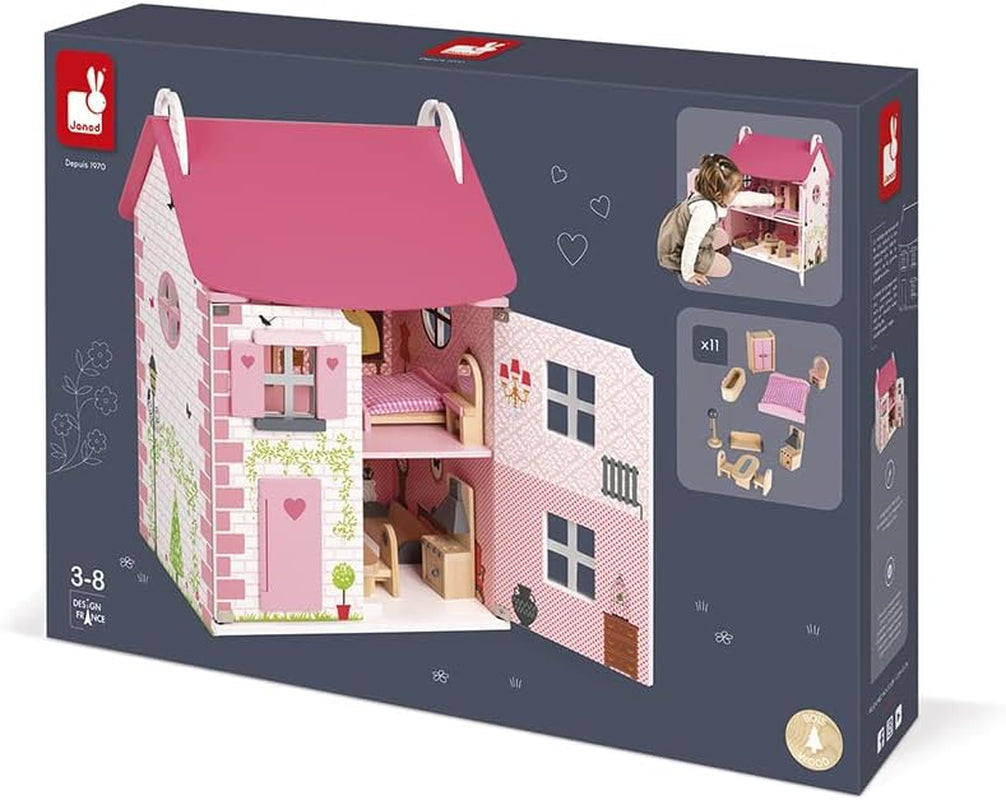 Janod - Mademoiselle Wooden Dollhouse, 3 våningar och 11 tillbehör, replikleksak, utvecklar fantasin, åldrar 3+, J06581, Pink Naty Shop Dollhouses
