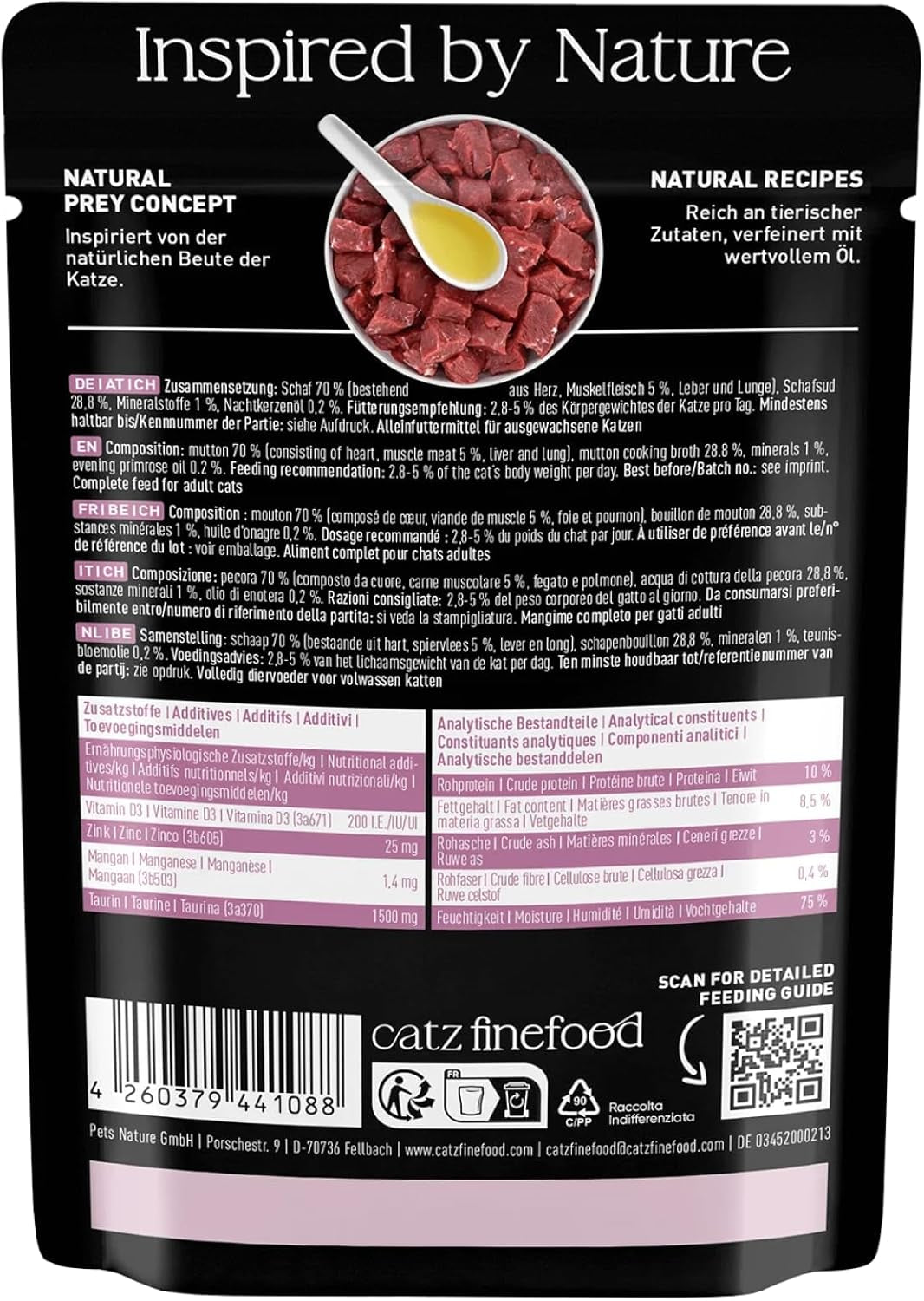 Våtfoder för katter Catz Finefood Purrrr Får Monoprotein nr. 113, för katter med känslig matsmältning, 70 % kötthalt, 16 påsar à 85 g vardera