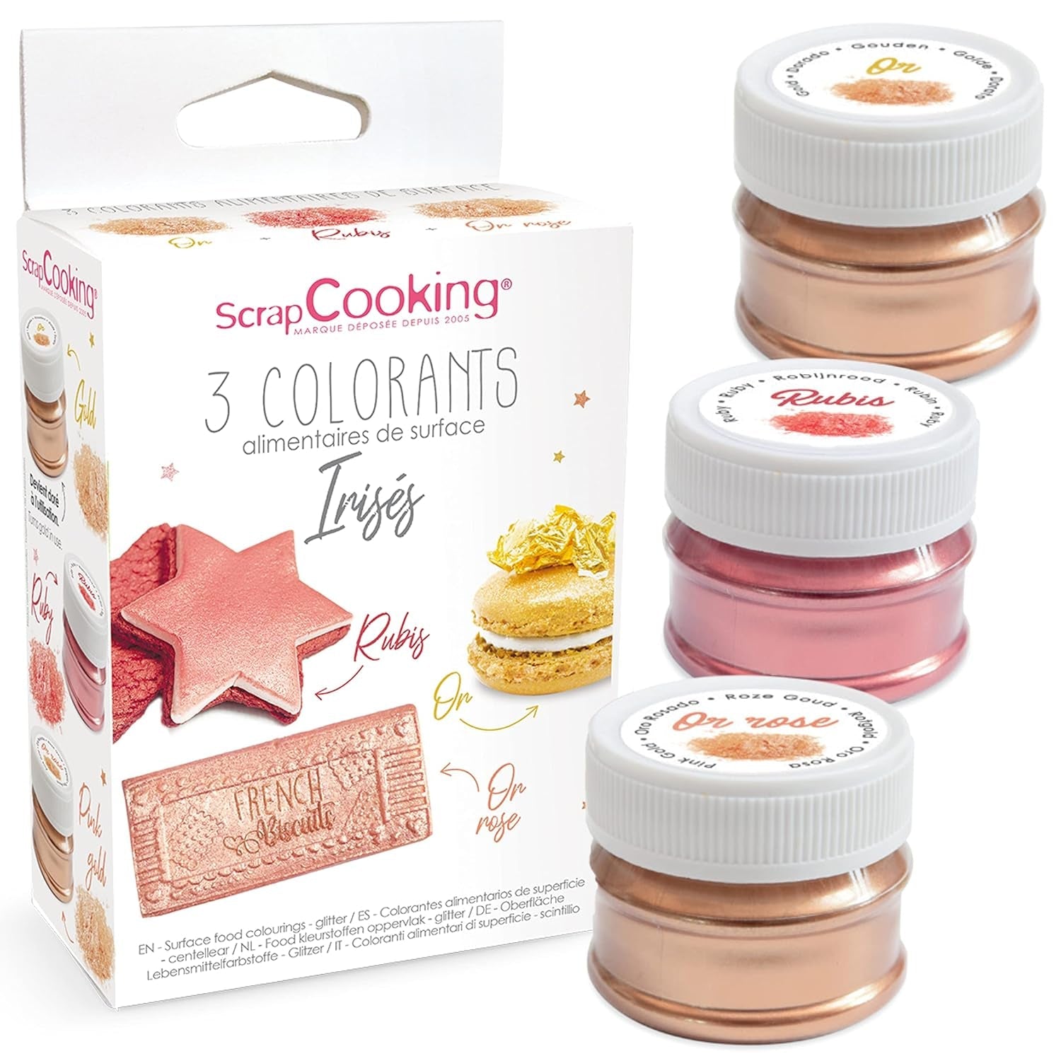 Scrapcooking - Set med 3 metallisk matfärgning - Matfärgning: guld, roséguld och rubin - Ätbar matfärg för bakning, kakor, kakor, kakor, choklad - 4019