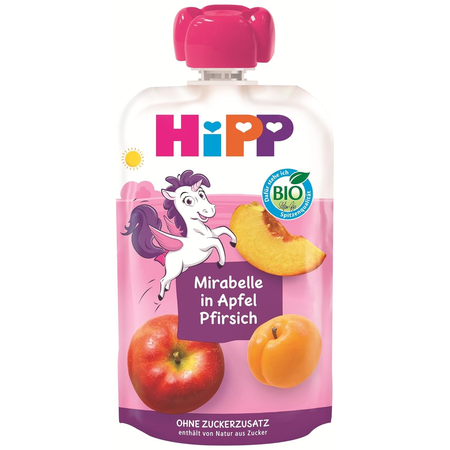 HiPP Bio Quetschie Mirabelle i Apfel-Pfirsich - Ellis Einhorn (8 x 100g), ab 1 Jahr, 100% Fruchtpüree, ohne Zuckerzusatz, vegan, i bättre Bio-Qualität