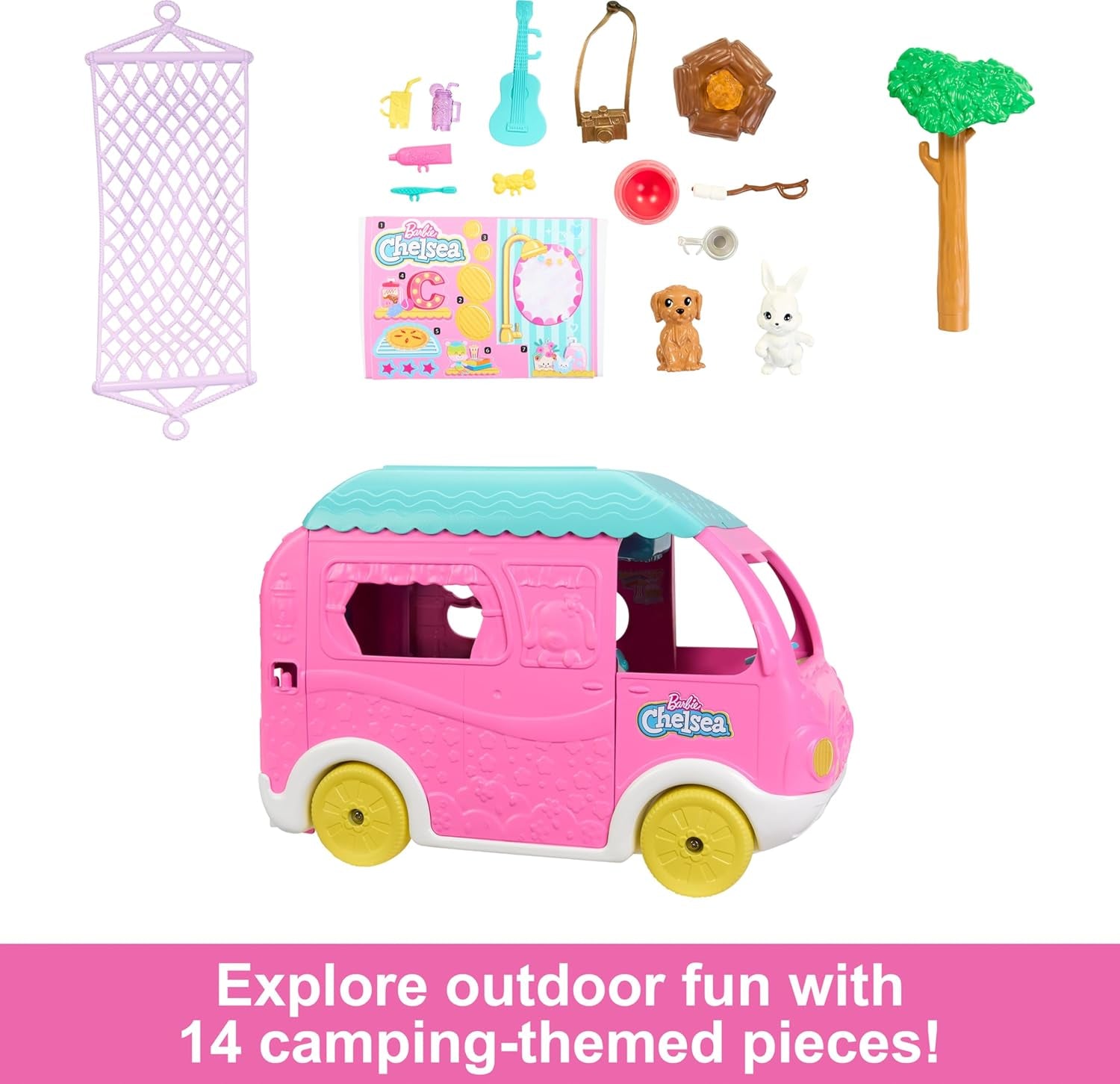 Barbie Chelsea 2-i-1 husvagn - leksaksfordon med pool, hängmatta och matplats för fantasifull lek och sagotid, åldrarna 3+, HNH90