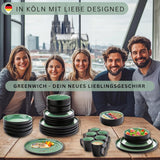 SÄNGER Greenwich | Stengodsservis, 18 delar, tallrikar för 6, servisset (6 mattallrikar, 6 desserttallrikar, 6 skålar), grön, reptålig, servis | VÄRDESAMLING
