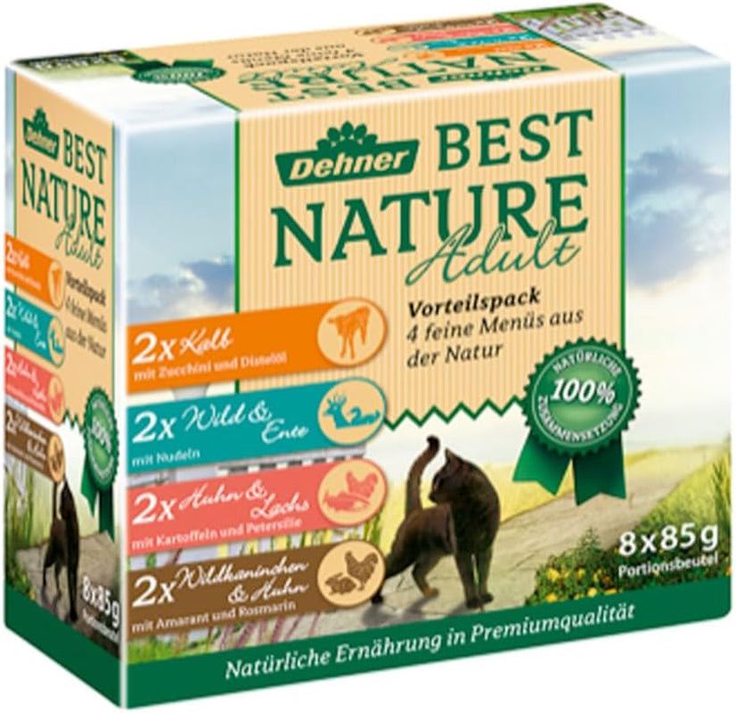 Dehner Best Nature Katzenfutter Multipack, Nassfutter, für ausgewachsene Katzen, je 2 x Kalb / Wild / Huhn / Kaninchen, 8 x 85 g påse (680 g)
