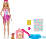Barbie Puppy Pool Party-lekset med modedocka, hundhus och rutschkana, hjärtpool, 2 hundfigurer, 6 tillbehör och färgväxlare, JBF35