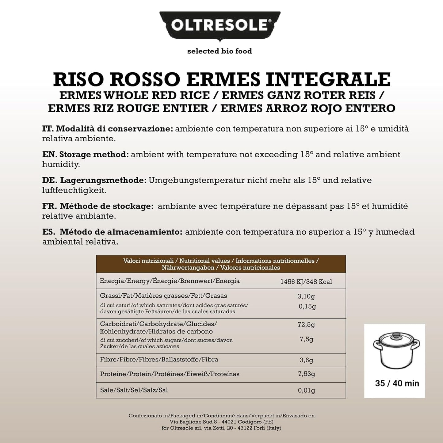 Italienskt fullkornsris, fiberrik oraffinerat ris, perfekt för kreativa rissallader och hälsosamma rätter, vakuumförpackat, 4 förpackningar x 500 g