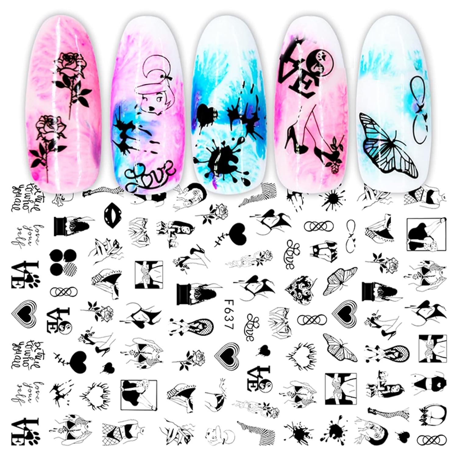 JMEOWIO Nagelsticker Geometrie 10 Blatt Nagelaufkleber Selbstklebend Schwarzes Herz Unregelmäßig Geformt Nagel Art Sticker Dekoration Nageldesign Zubehör