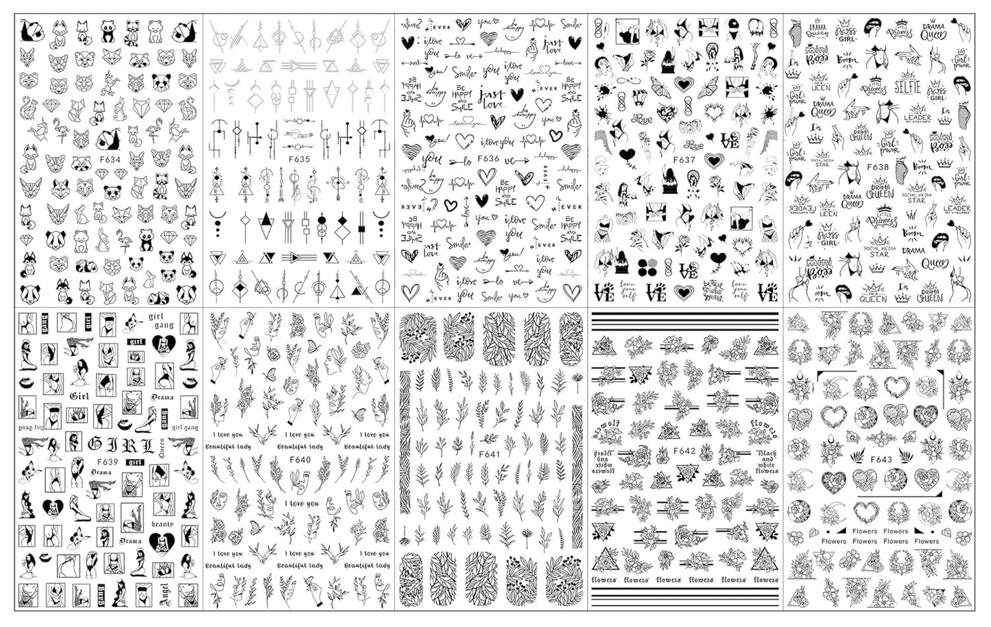 JMEOWIO Nagelsticker Geometrie 10 Blatt Nagelaufkleber Selbstklebend Schwarzes Herz Unregelmäßig Geformt Nagel Art Sticker Dekoration Nageldesign Zubehör