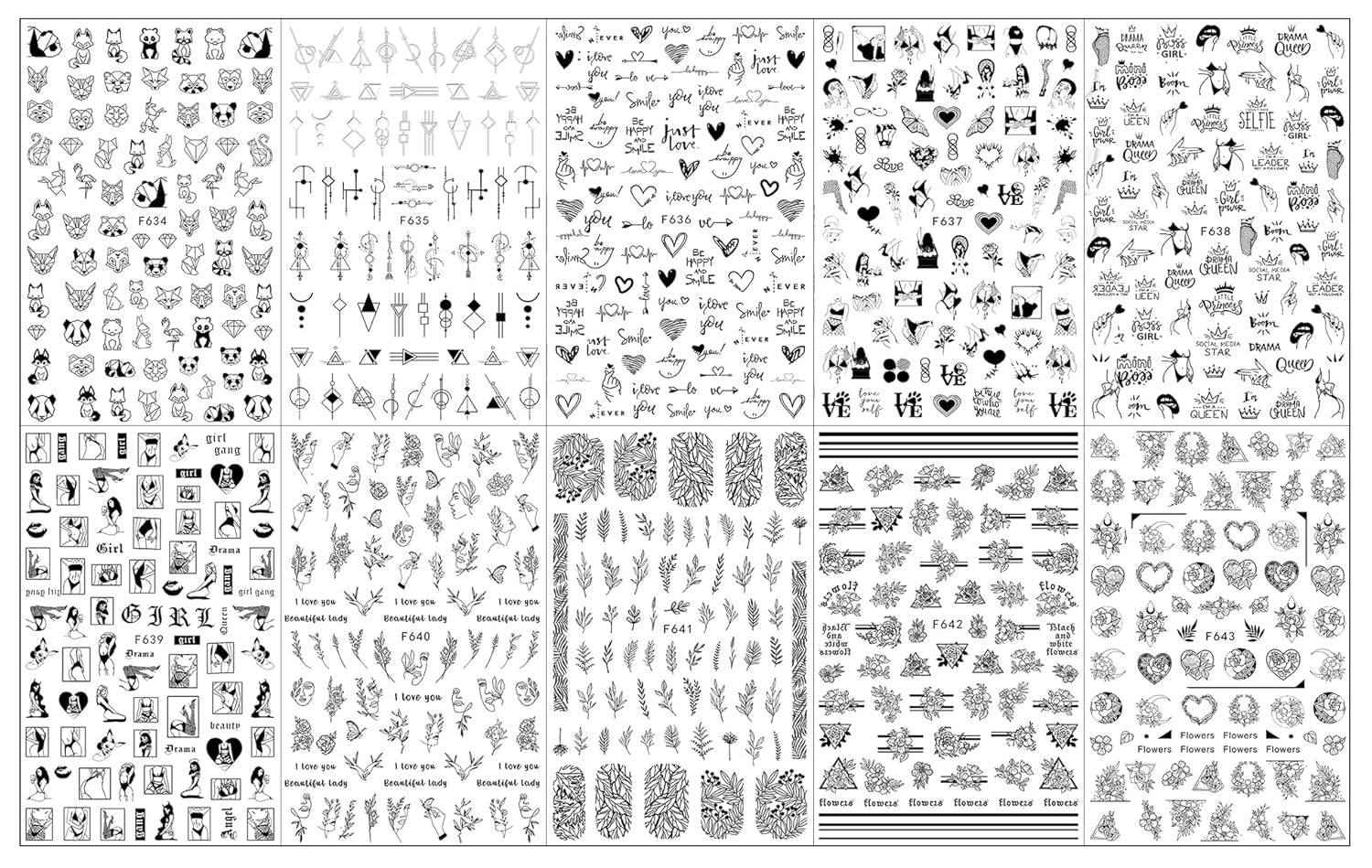 JMEOWIO Nagelsticker Geometrie 10 Blatt Nagelaufkleber Selbstklebend Schwarzes Herz Unregelmäßig Geformt Nagel Art Sticker Dekoration Nageldesign Zubehör