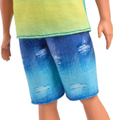 Ken Barbie Fashionistas docka nr. 236 med svart hår, teal ombré linne, jeansshorts och silver sneakers, HYV00