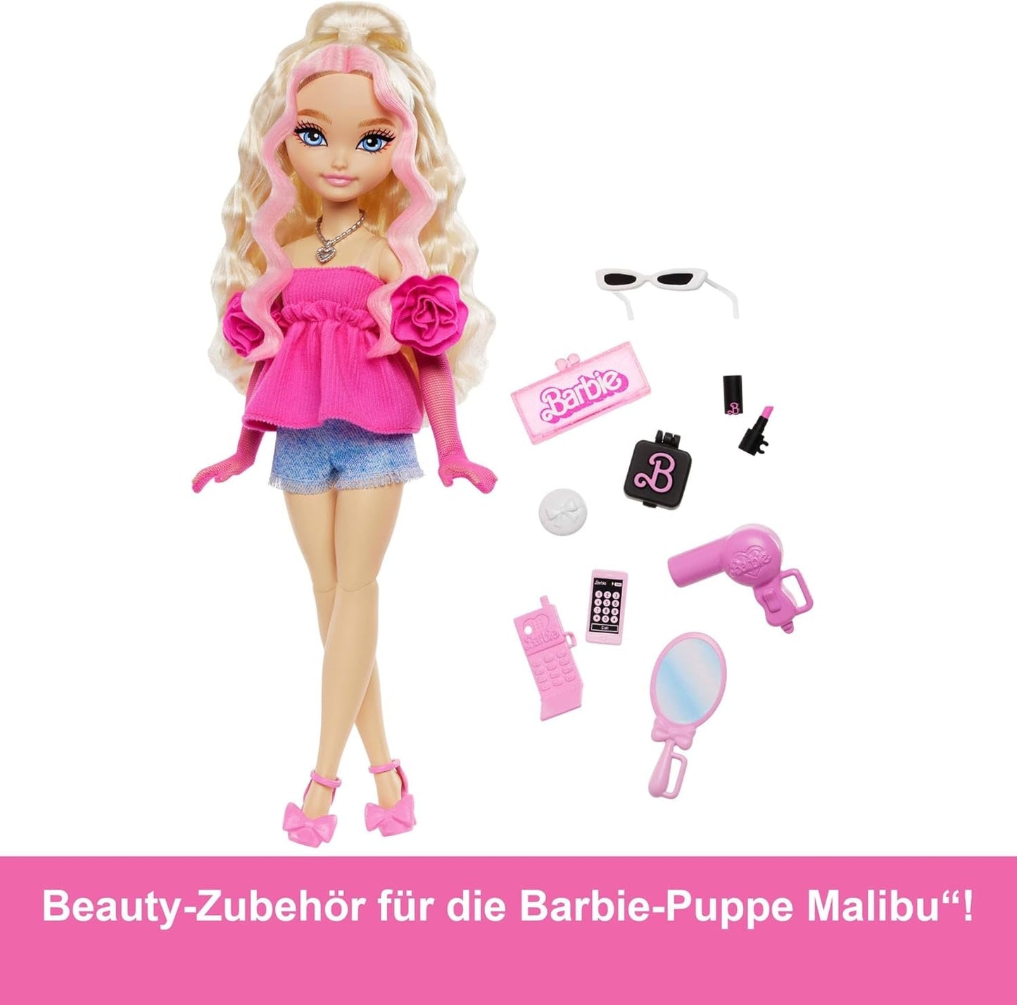 Barbie Dream Besties Puppe and Accessories, bewegliche Barbie Malibu“ Modepuppe mit welligem blonden Haar, 11 Teile zum Thema Make-up och Haare, HYC21