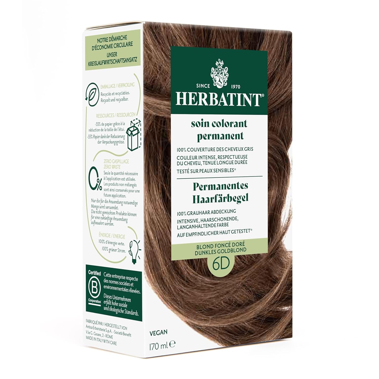 Permanent hårfärgsgel 6N mörkblond - 170 ml I ammoniakfri, 100 % grå hårtäckning Jag testade på känslig hud, med 8 växtextrakt Naty Shop Hårfärgning 6D Mörk guldblond