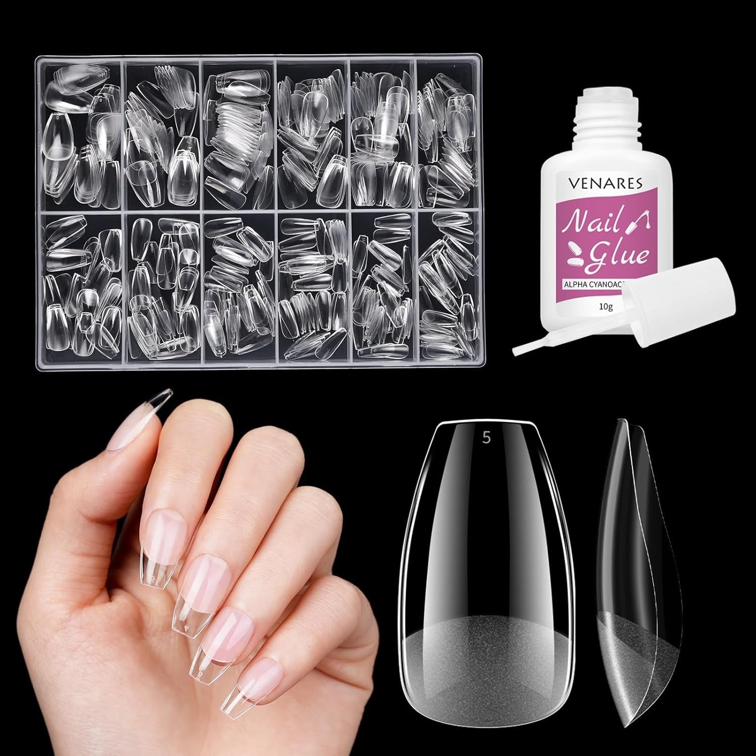 Korta lösnaglar Ballerina 500st lim på 12 storlekar konstgjorda naglar Korta mjuka gel Heltäckande Nageltips för gelnaglar Korta S