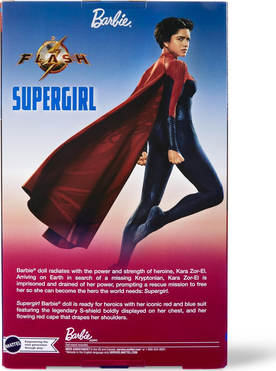 Barbie Supergirl Puppe, Sammlerpuppe från dem Flash Movie Wearing Red and Blue Anzug mit Umhang, Puppenständer enthalten