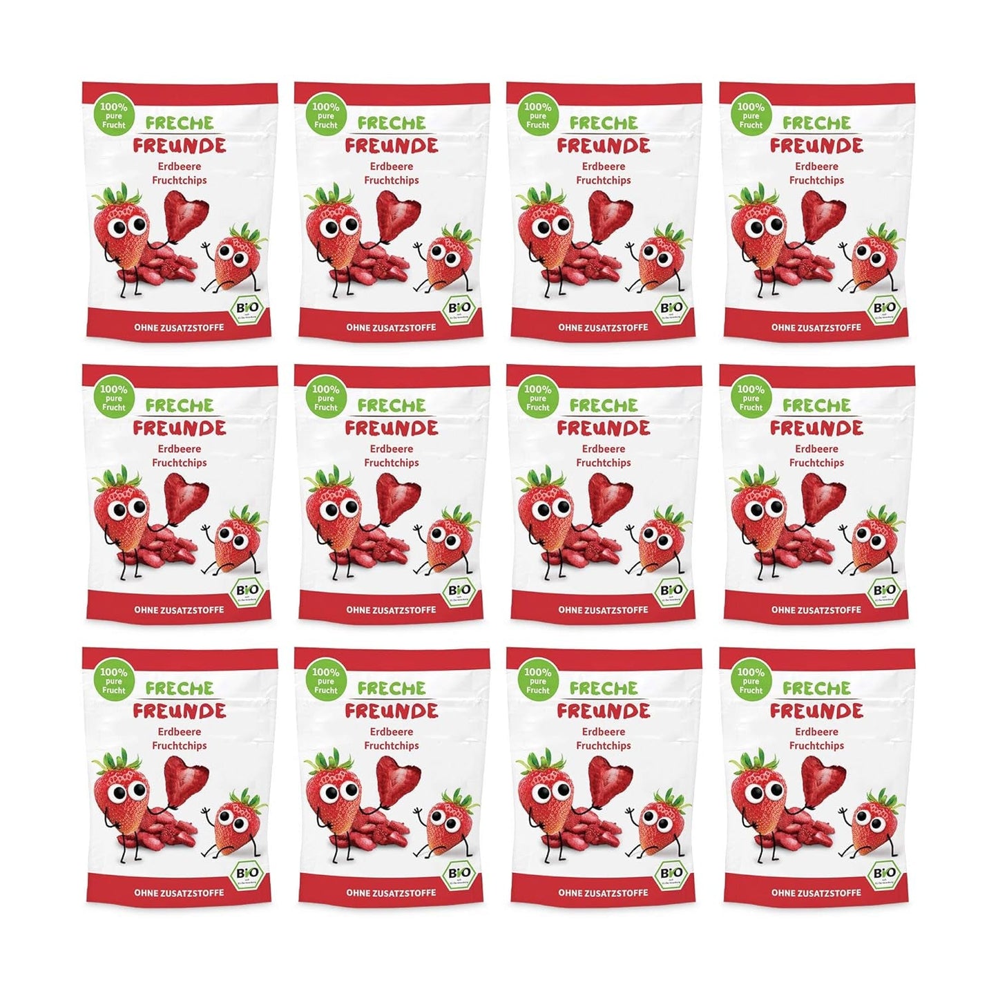 Ekologiska fruktchips "100% jordgubbar" Frystorkade jordgubbsfruktchips (12 x 12 g) och nya ekologiska crunchy majs- och morotsflissar, ekologiskt mellanmål, från 1 år, (9 x 30 g) 270 g