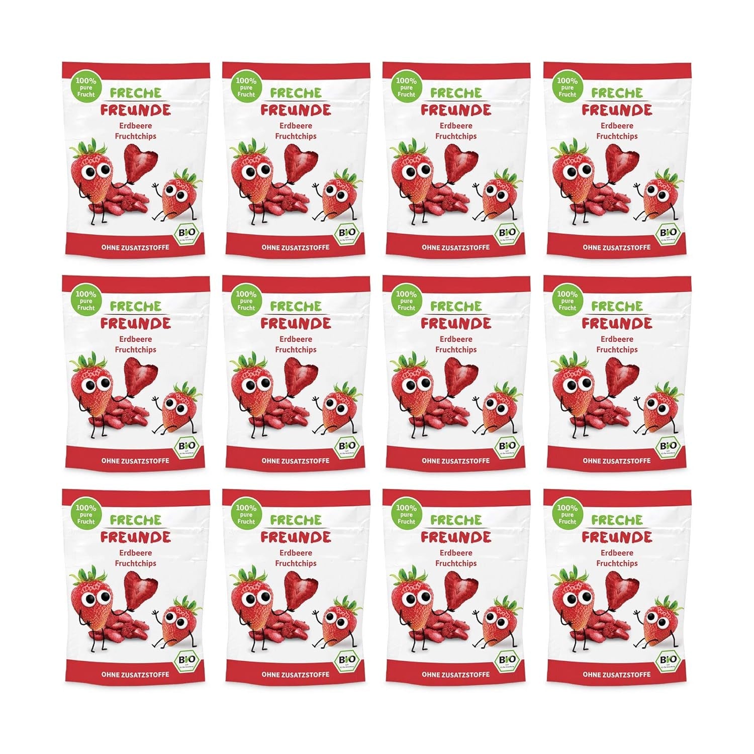 Ekologiska fruktchips "100% jordgubbar" Frystorkade jordgubbsfruktchips (12 x 12 g) och nya ekologiska crunchy majs- och morotsflissar, ekologiskt mellanmål, från 1 år, (9 x 30 g) 270 g