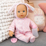 Bayer Design 93822AA Babypuppe Anna, spricht 24 Babylaute, weicher Körper, Schlafaugen, Schnuller, Flasche, 38 cm, rosa, Liten