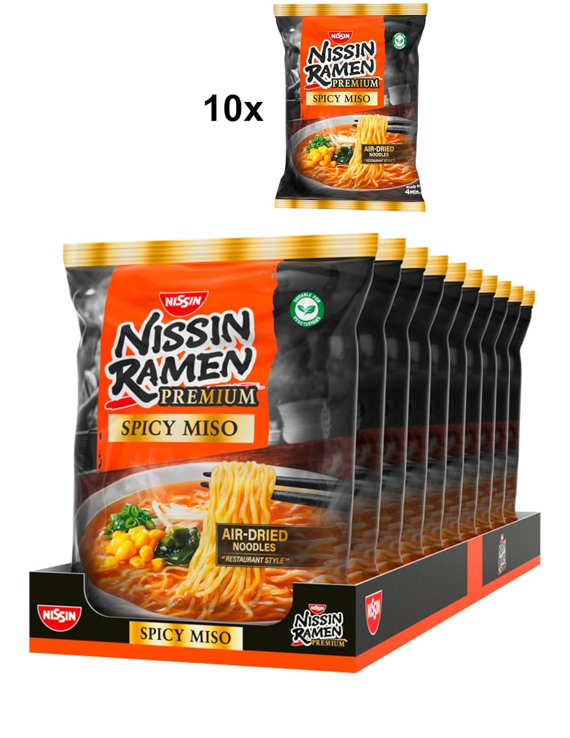 Nissin Ramen Premium - Miso Spicy 10-pack japansk stil Air Dry Instant Nudlar för "Restaurant Style" Ramen med en milt kryddig smak av miso och wakame-flingor (10 x 90,7 g)