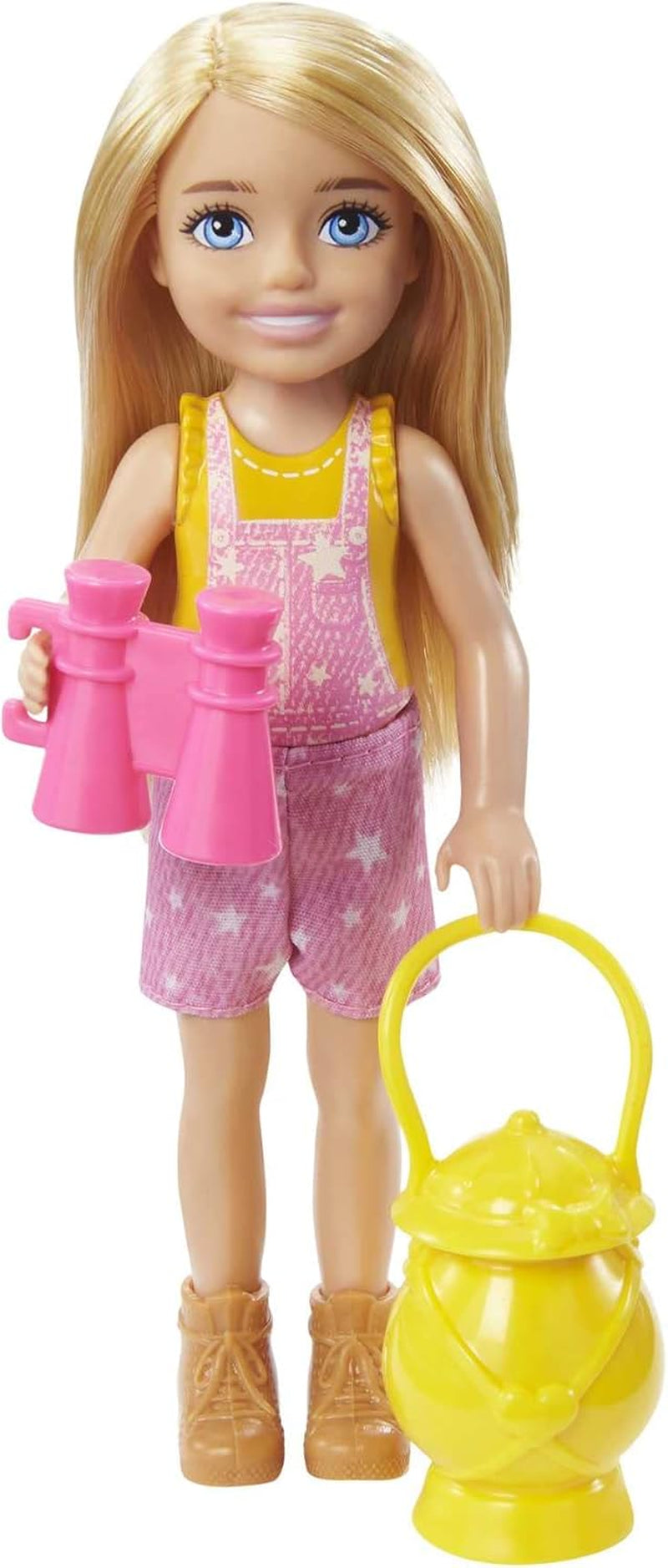 Barbie Chelsea-serien, Chelsea Doll Camping med blont hår, Husdjursuggla, Sovsäck, Kudde, Ficklampa, Kikare, Campingtillbehör, Barnpresent, Leksak för 3 år och uppåt, HDF77