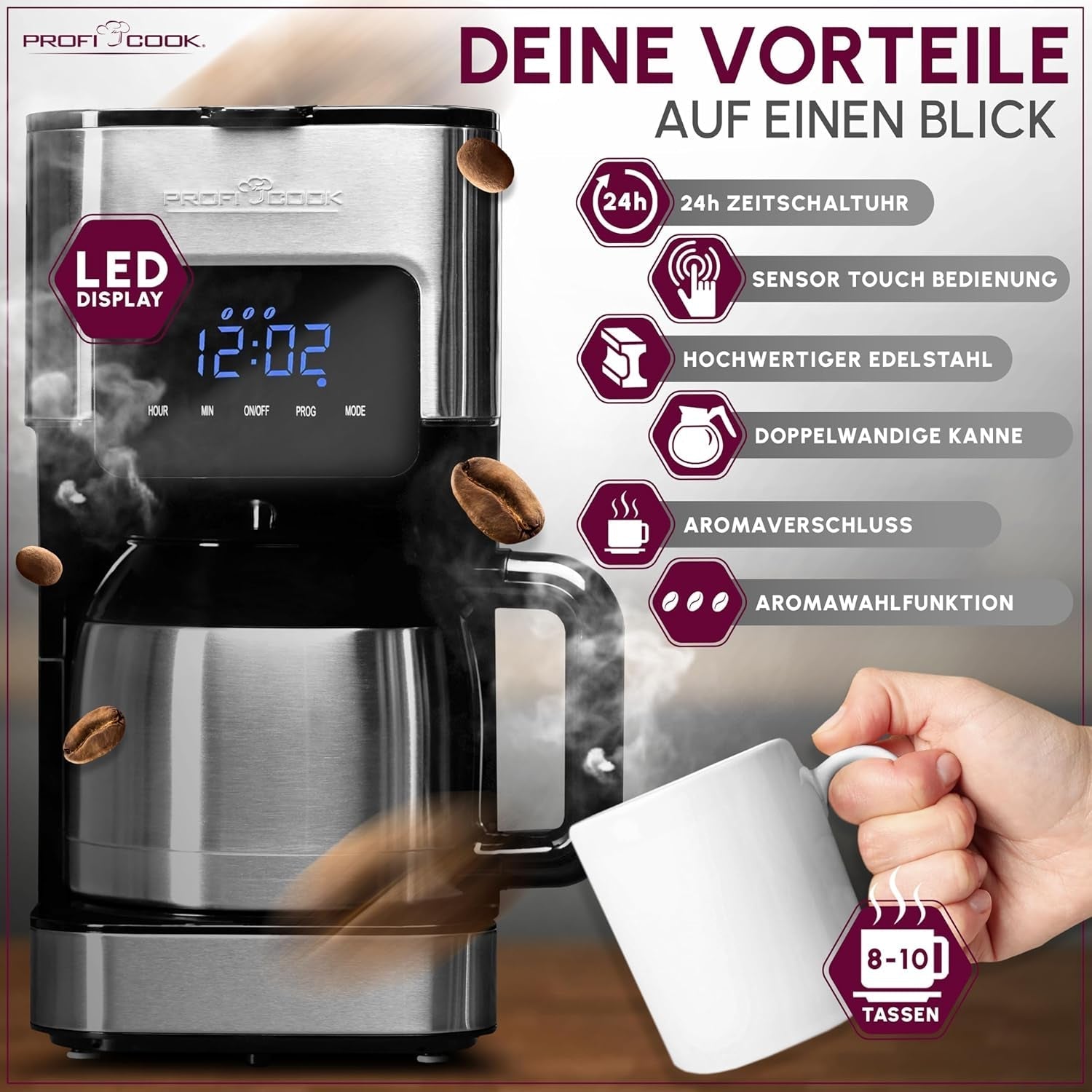 Kaffemaskin Profi Cook | 8-10 koppar | Timer | Sensor Touch-kontroller | 1,2 liter dubbelvägg termokanna | Smakförsegling | Kaffebryggare med filter i rostfritt stål | PC-KA 1191