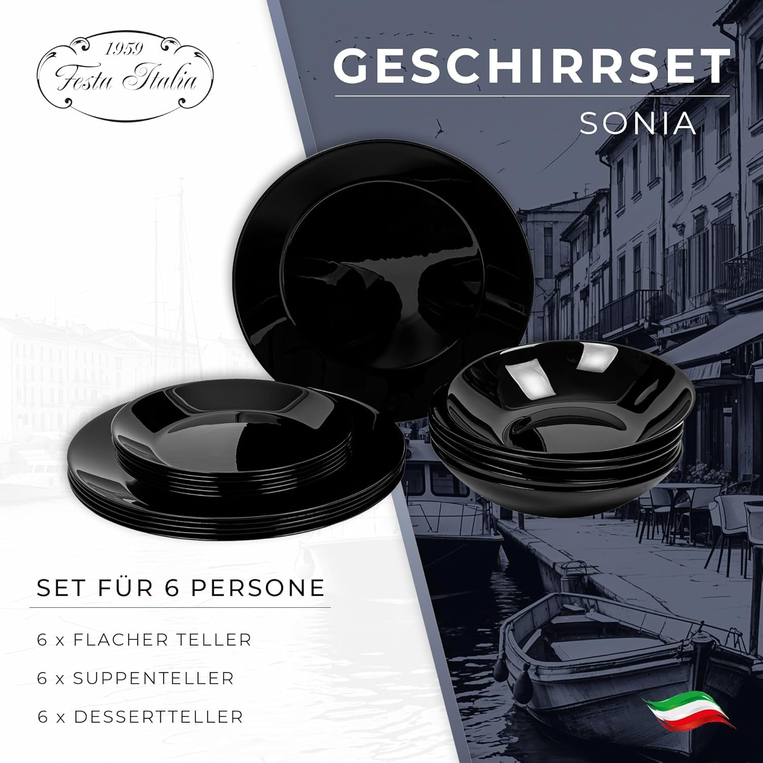 Servis set för 6 - 18 delar - Opalglas servisset - Svart servisset - skål och tallrik set - Modernt servis - tallrikar - bordsservering - servisset för 6