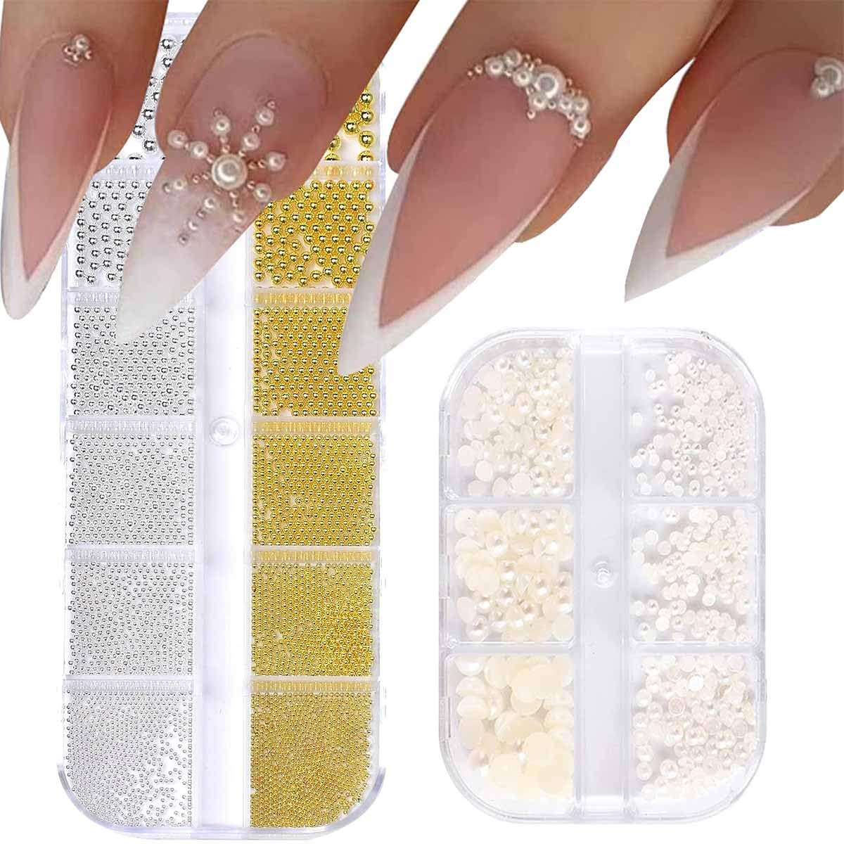 GZMAYUEN Nail Art Perlen Micro Caviar Für Nägel, 0,3-3Mm Goldene Silber Mini Caviar Strasssteine, Weiß Beige Mini Nägel Perlen Mikroperlen Dekor Für Nägel