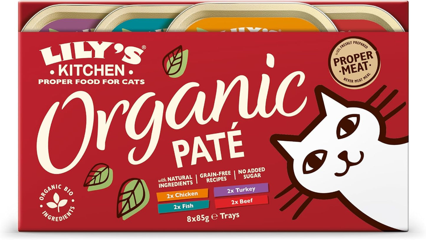 Lily's Kitchen Naturlig ingrediens Våt vuxenmat för katter med flera brickor Organisk fläckfri spannmål 4 x (8 x 85 g)
